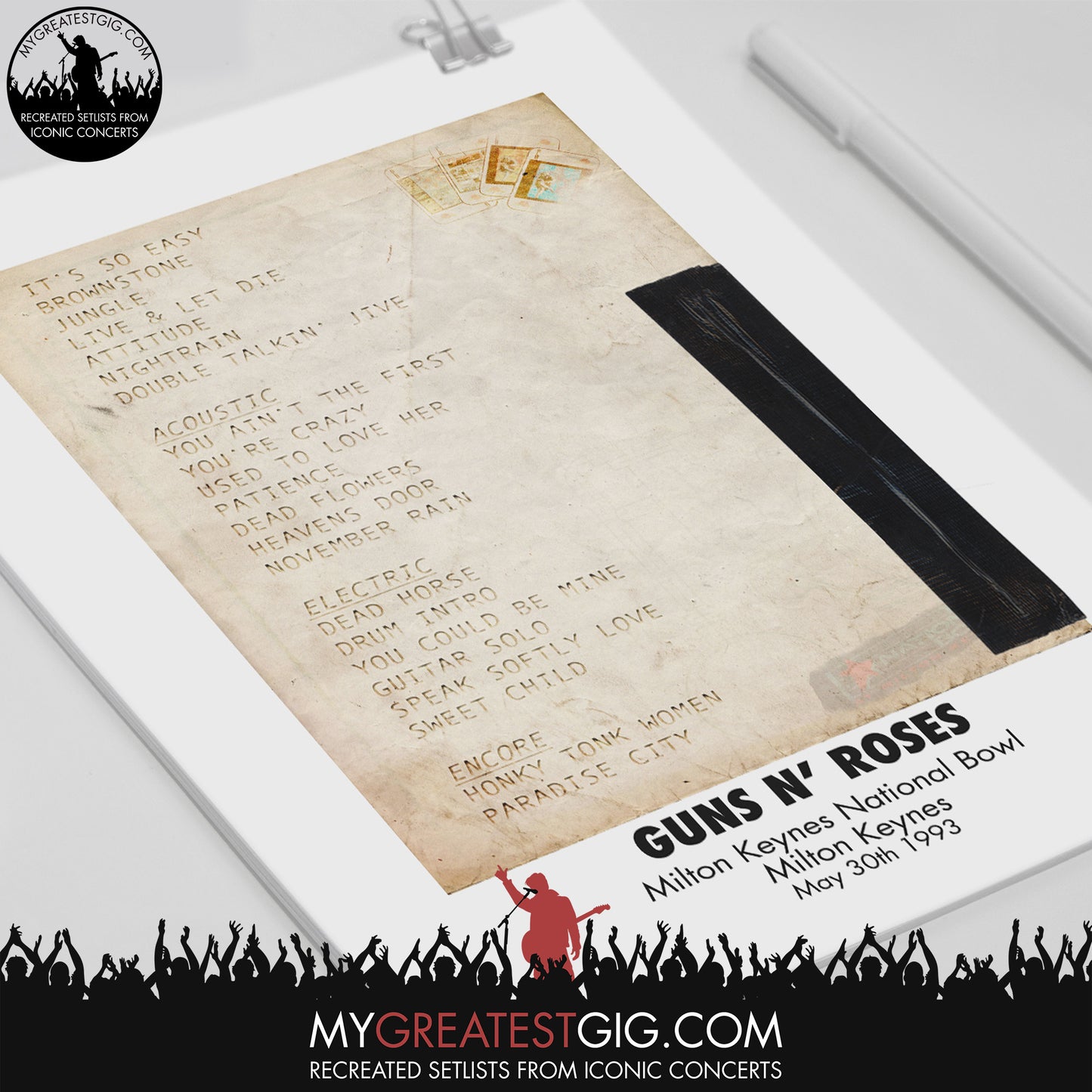 Guns N' Roses - Milton Keynes - May 30th 1993 Recreated Set List Poster & Illustration Bundle