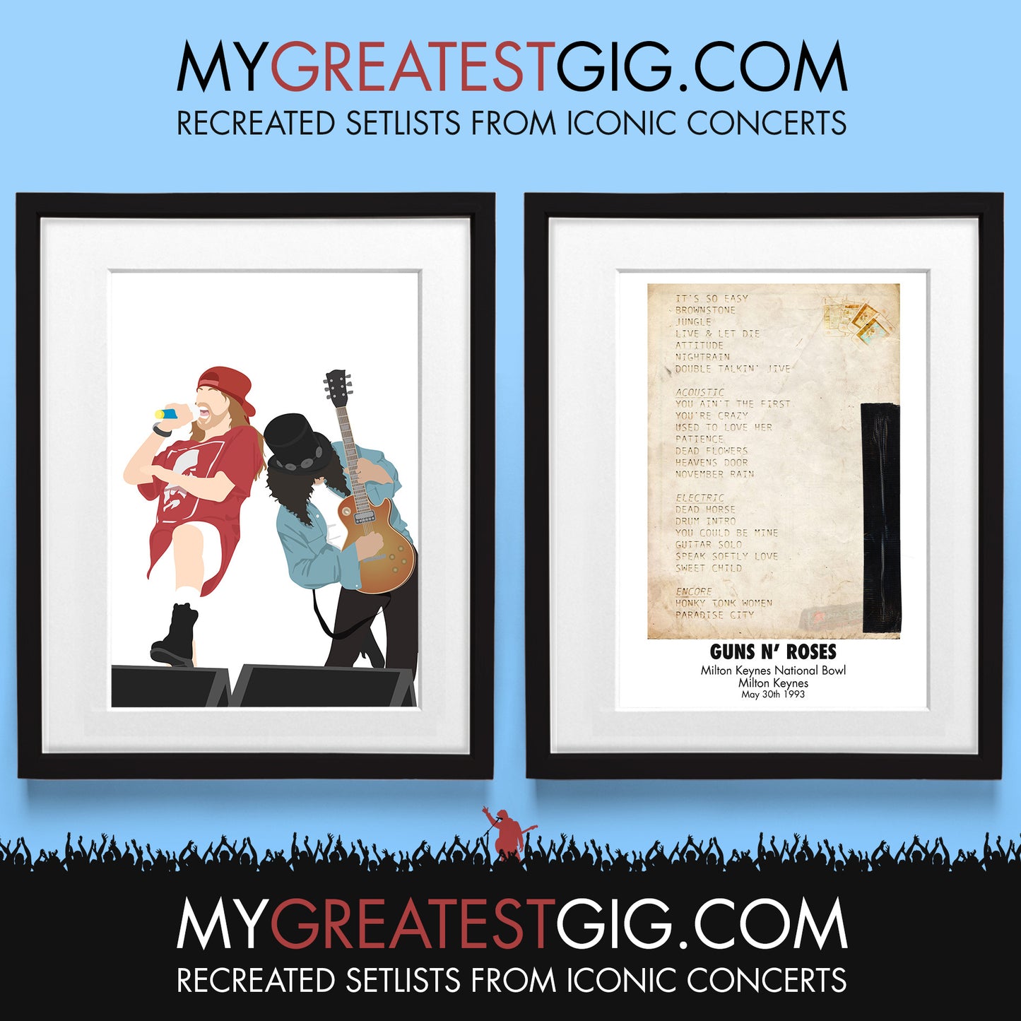 Guns N' Roses - Milton Keynes - May 30th 1993 Recreated Set List Poster & Illustration Bundle