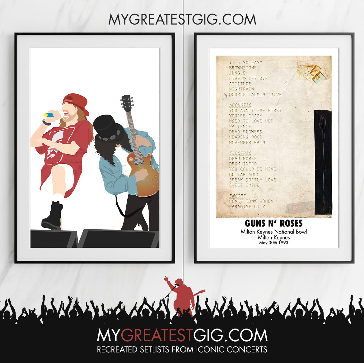 Guns N' Roses - Milton Keynes - May 30th 1993 Recreated Set List Poster & Illustration Bundle