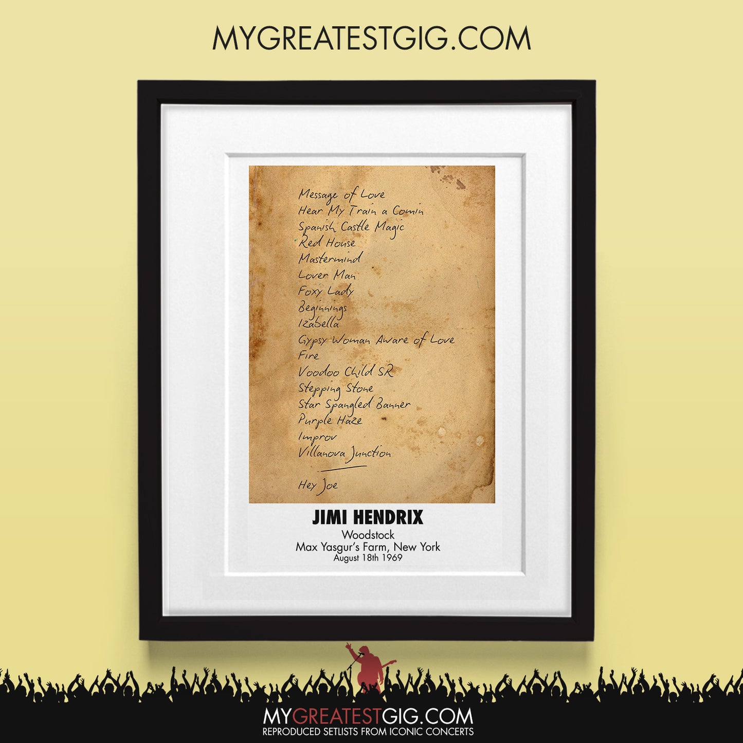 Jimi Hendrix - Woodstock - Aug 18th 1969 Recreated Set List Poster & Illustration Bundle