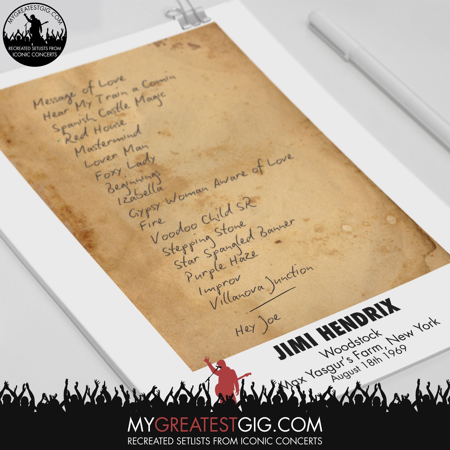 Jimi Hendrix - Woodstock - Aug 18th 1969 Recreated Set List Poster & Illustration Bundle