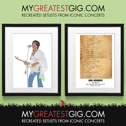 Jimi Hendrix - Woodstock - Aug 18th 1969 Recreated Set List Poster & Illustration Bundle
