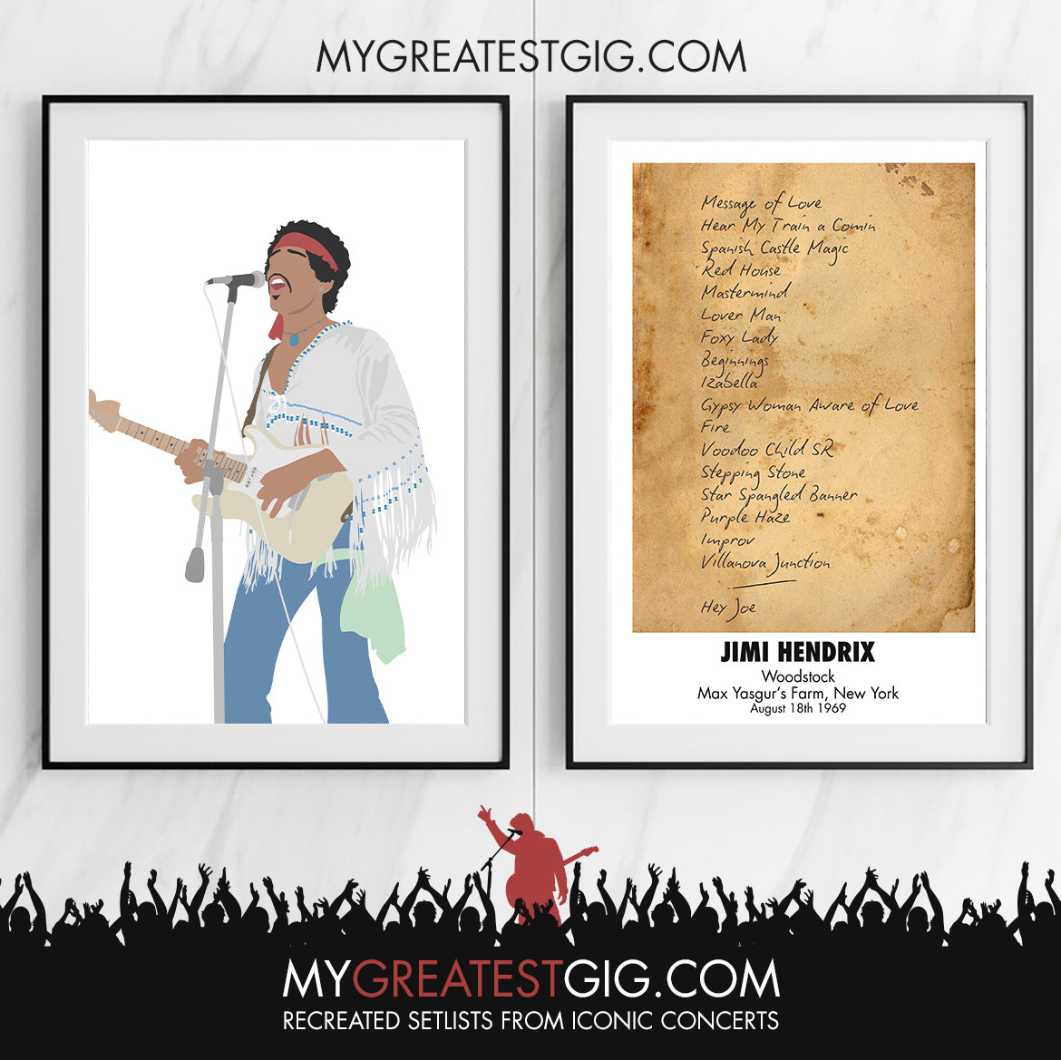 Jimi Hendrix - Woodstock - Aug 18th 1969 Recreated Set List Poster & Illustration Bundle
