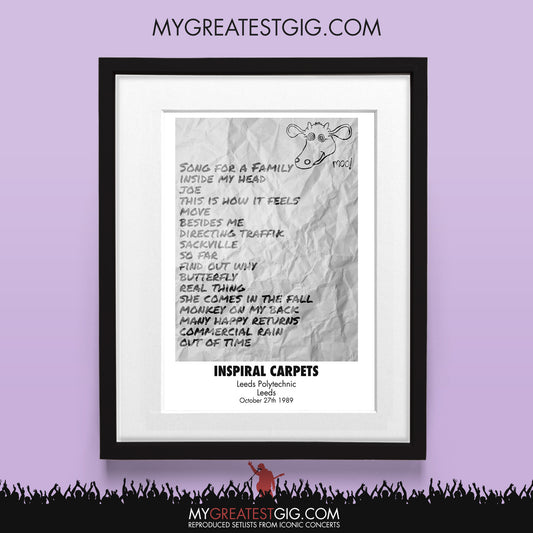 Inspiral Carpets - Leeds - Oct 27th 1989 Recreated Set List Poster