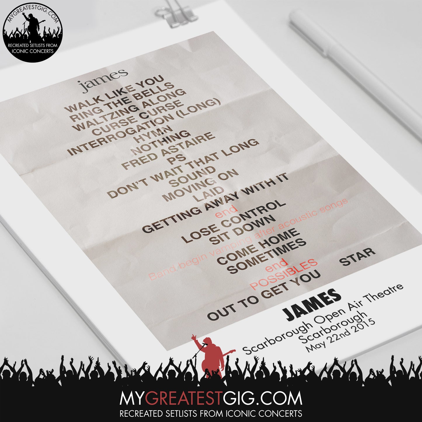 James - Scarborough - May 22nd 2015 Recreated Set List Poster