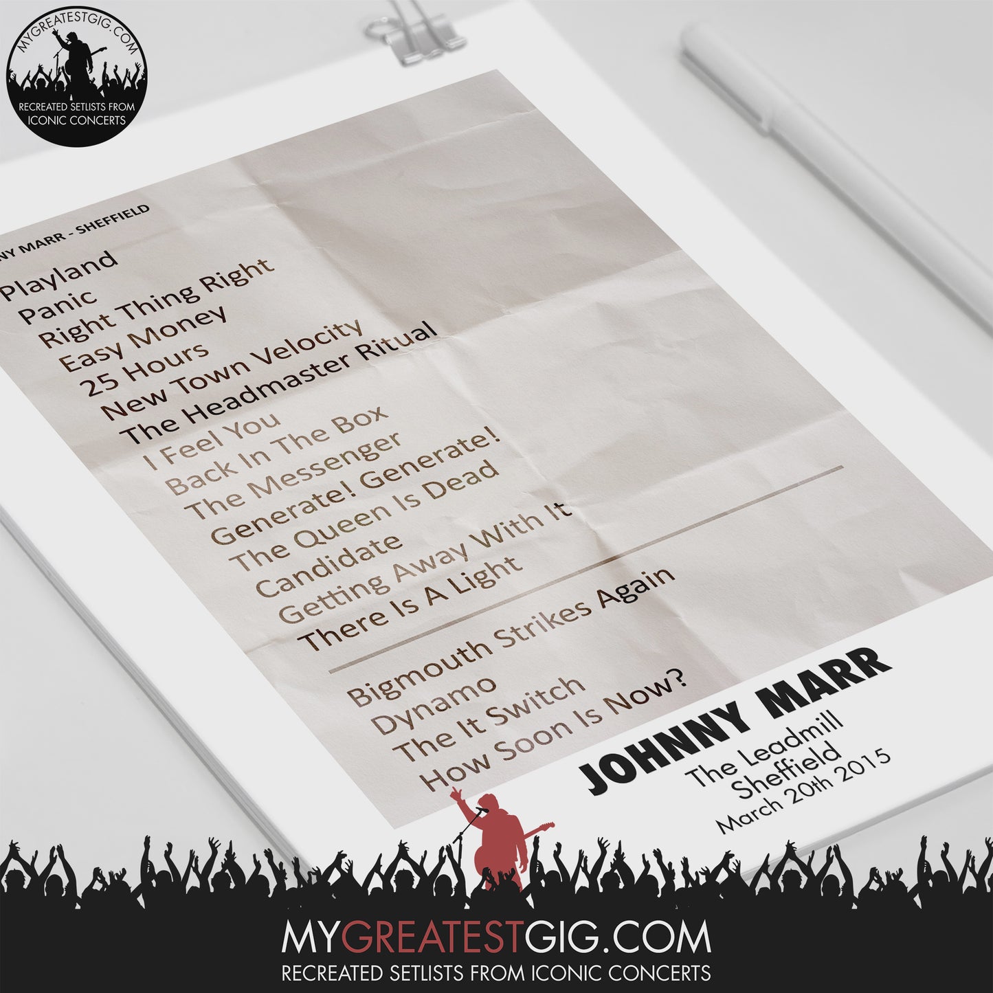 Johnny Marr - The Leadmill - Sheffield - Mar 20th 2015 Recreated Setlist Poster