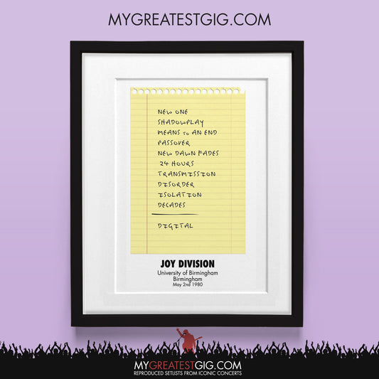 Joy Division - Birmingham - May 2nd 1980 Recreated Set List Poster