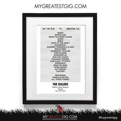 The Killers - Bristol - May 26th 2022 Recreated Setlist Poster
