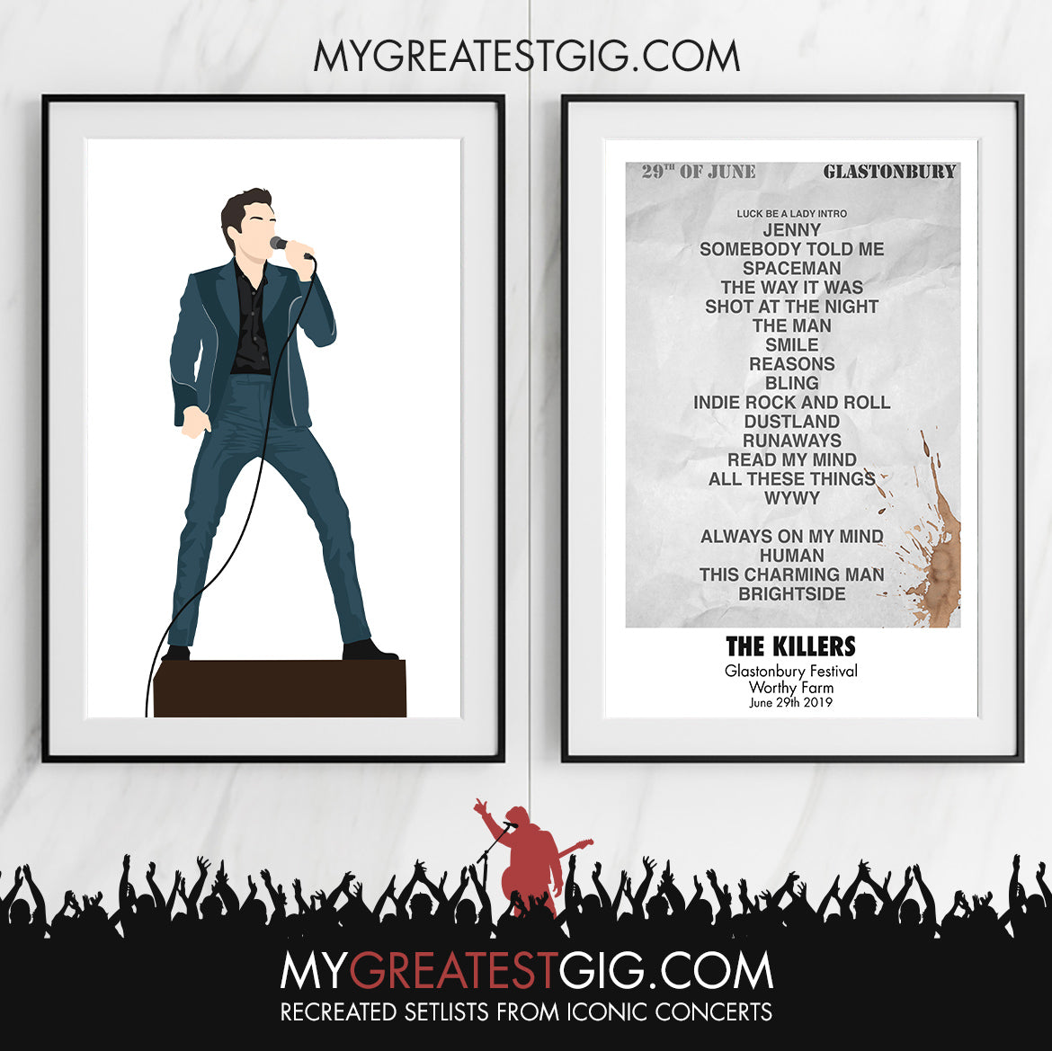 The Killers - Glastonbury Festival - Jun 29th 2019 Recreated Set List Poster & Illustration Bundle