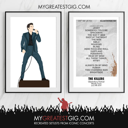 The Killers - Glastonbury Festival - Jun 29th 2019 Recreated Set List Poster & Illustration Bundle