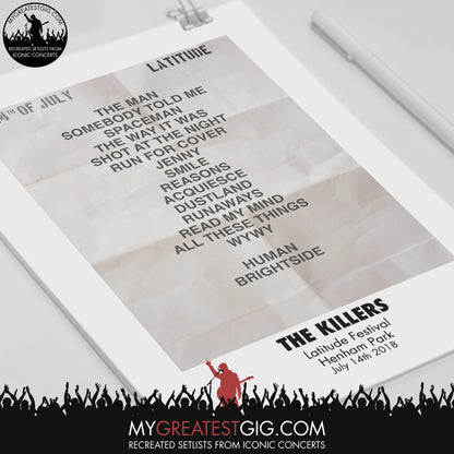The Killers - Latitude Festival - Jul 14th 2018 Recreated Set List Poster