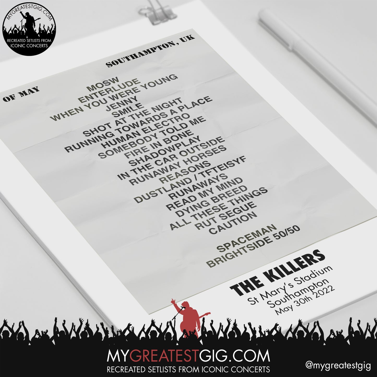 The Killers - Southampton - May 30th 2022 Recreated Setlist Poster