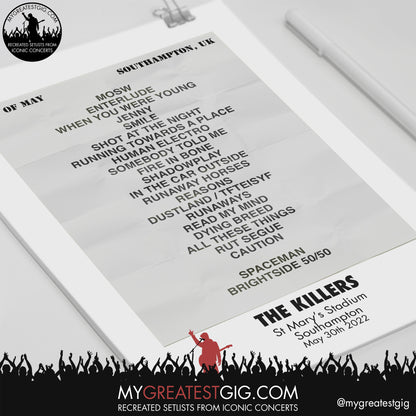The Killers - Southampton - May 30th 2022 Recreated Setlist Poster