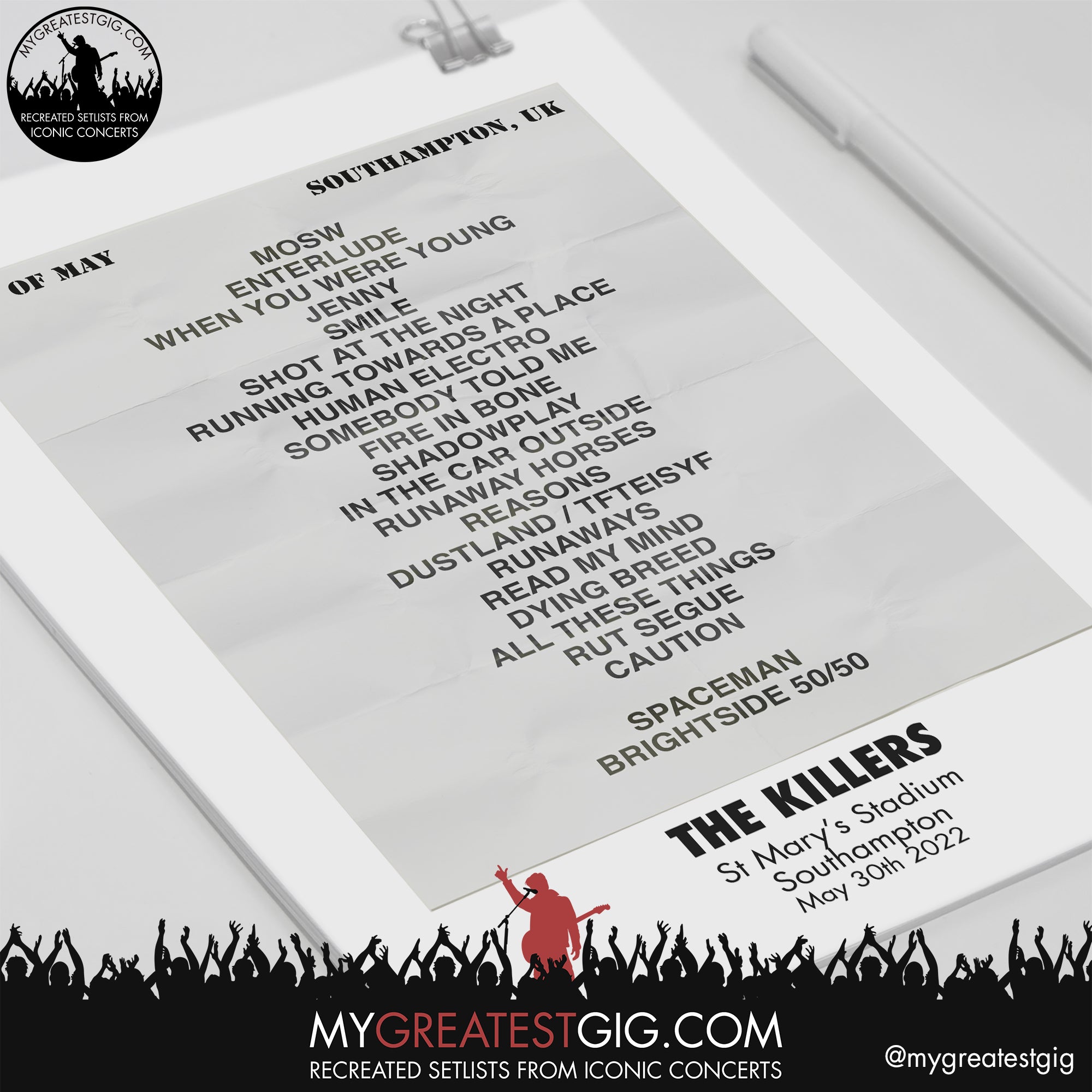 The Killers Southampton May 30th 2022 Recreated Setlist Poster My