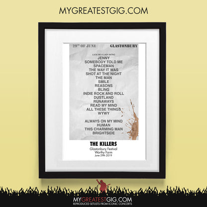 The Killers - Glastonbury Festival - Jun 29th 2019 Recreated Set List Poster