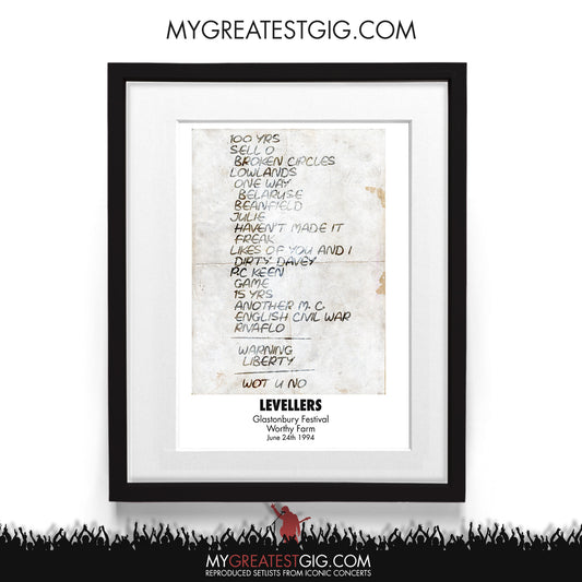 Levellers - Glastonbury Festival - Jun 24th 1994 Recreated Setlist Poster