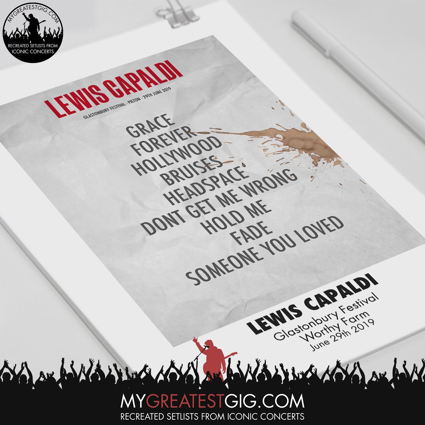 Lewis Capaldi - Glastonbury Festival - Jun 29th 2019 Recreated Set List Poster