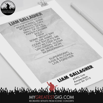 Liam Gallagher - Amsterdam - Mar 8th 2018 Recreated Set List Poster