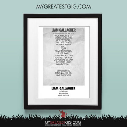 Liam Gallagher - Amsterdam - Mar 8th 2018 Recreated Set List Poster