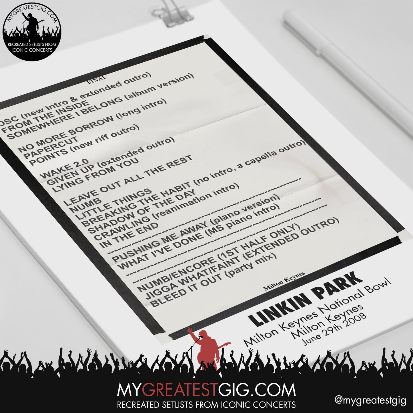 Linkin Park - Milton Keynes - Jun 29th 2008 Recreated Setlist Poster
