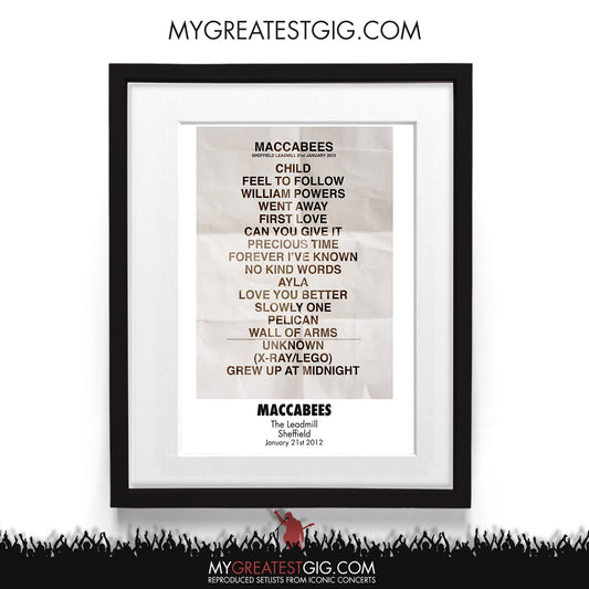 Maccabees - The Leadmill - Sheffield - Jan 21st 2012 Recreated Setlist Poster