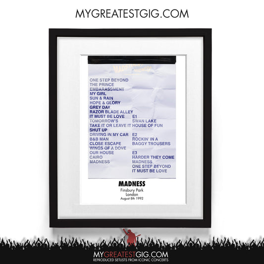 Madness - London - Aug 8th 1992 Recreated Setlist Poster