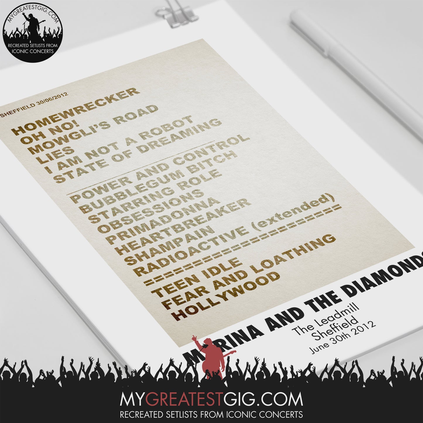 Marina And The Diamonds - The Leadmill - Sheffield - Jun 30th 2012 Recreated Setlist Poster
