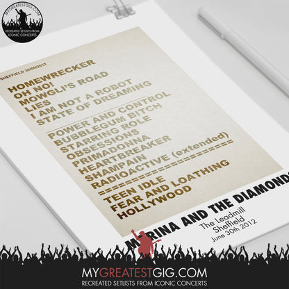 Marina And The Diamonds - The Leadmill - Sheffield - Jun 30th 2012 Recreated Setlist Poster