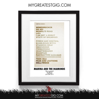 Marina And The Diamonds - The Leadmill - Sheffield - Jun 30th 2012 Recreated Setlist Poster