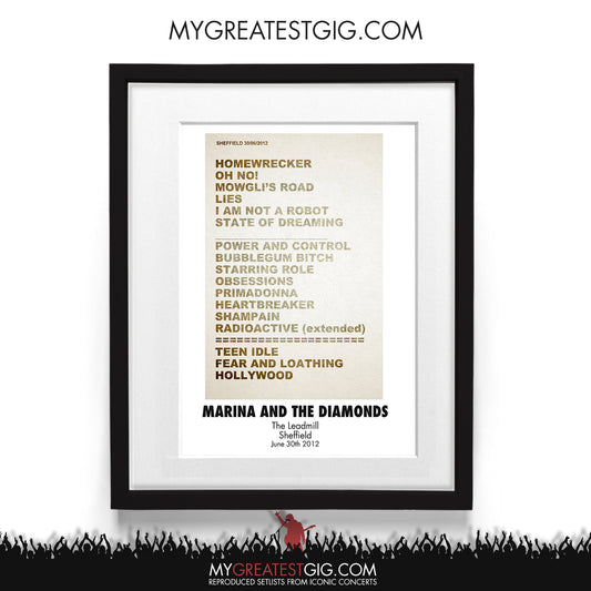Marina And The Diamonds - The Leadmill - Sheffield - Jun 30th 2012 Recreated Setlist Poster
