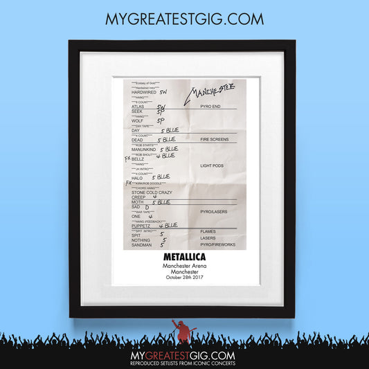 Metallica - Manchester - Oct 28th 2017 Recreated Set List Poster