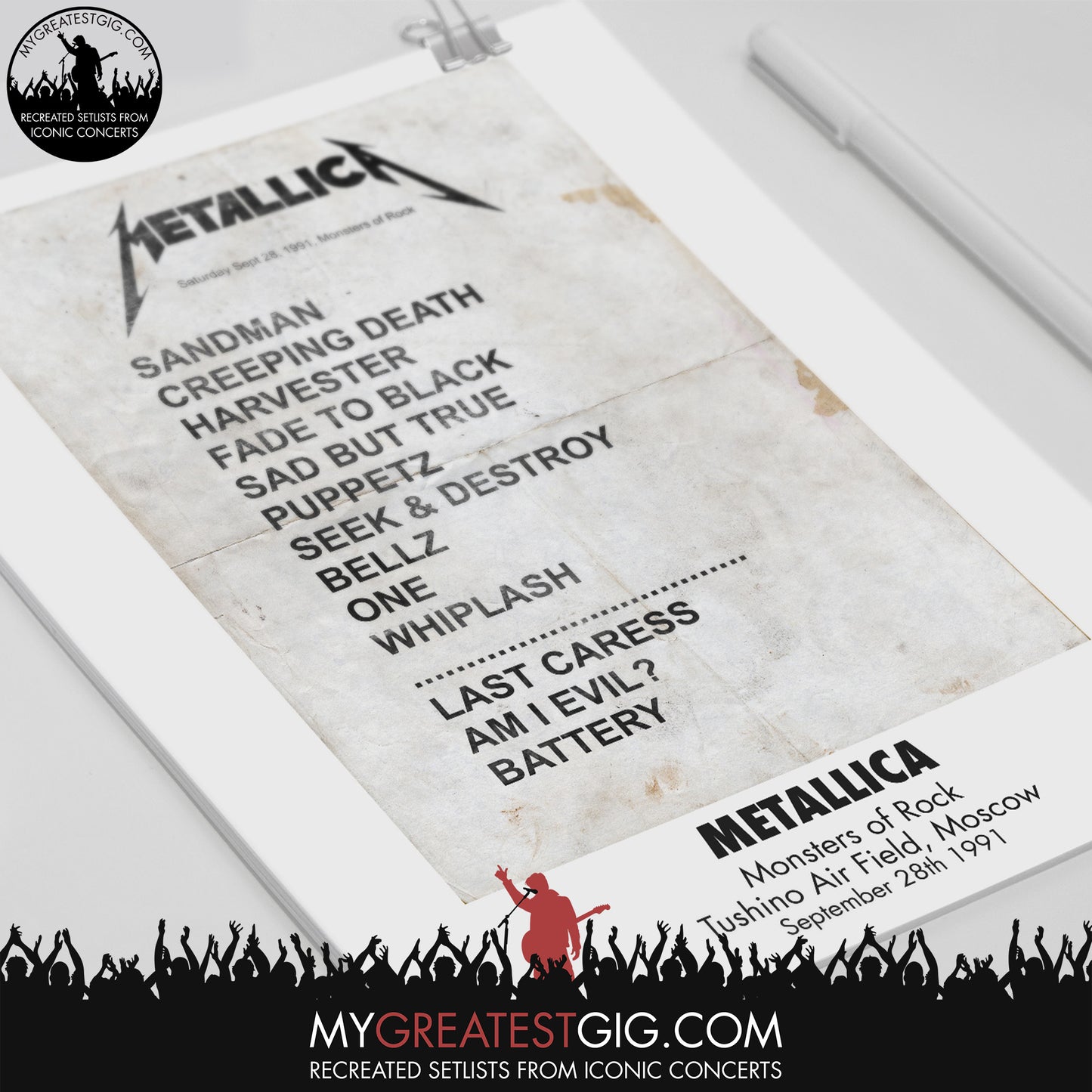 Metallica - Monsters of Rock - Sep 28th 1991 Recreated Set List Poster