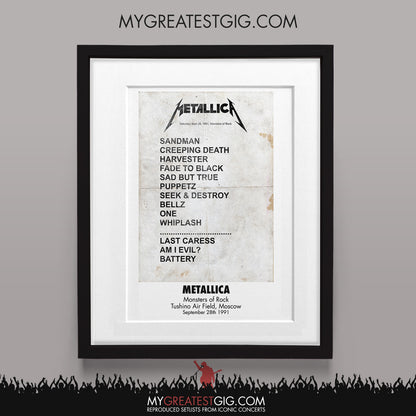 Metallica - Monsters of Rock - Sep 28th 1991 Recreated Set List Poster