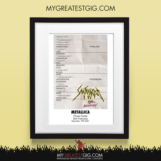 Metallica - San Francisco - Dec 19th 2021 Recreated Set List Poster