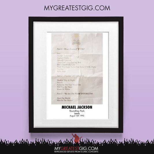 Michael Jackson - Leeds - Aug 16th 1992 Recreated Set List Poster
