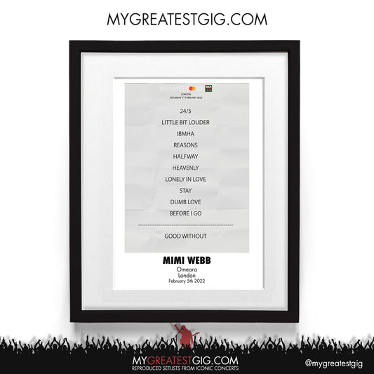 Mimi Webb - London - Feb 5th 2022 Recreated Setlist Poster