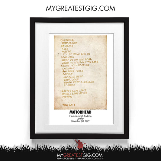 Motorhead - London - Nov 26th 1979 Recreated Setlist Poster