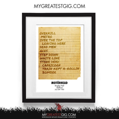 Motorhead - Stafford - Jul 26th 1980 Recreated Setlist Poster