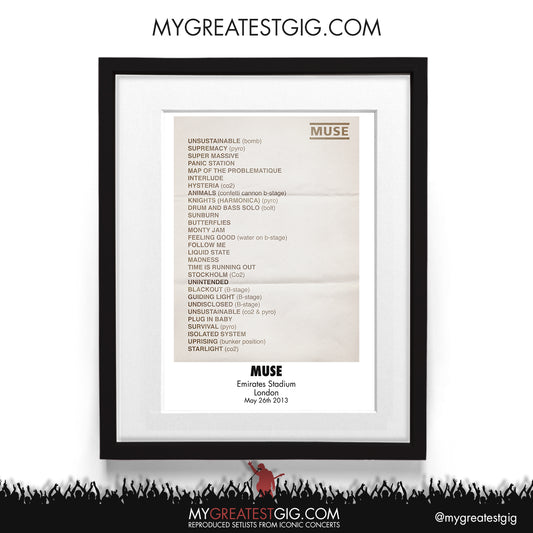 Muse - London - May 26th 2013 Recreated Setlist Poster