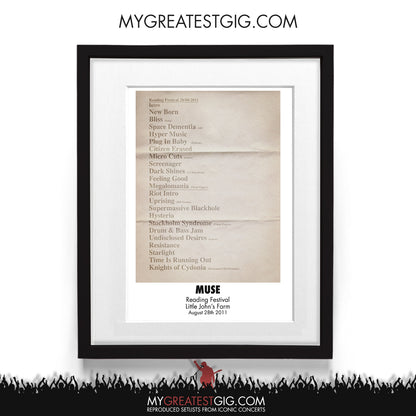 Muse - Reading Festival - Aug 28th 2011 Recreated Setlist Poster