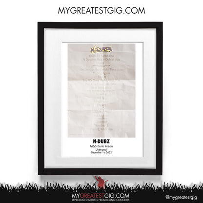 N-Dubz - Liverpool - Dec 1st 2022 Recreated Setlist Poster