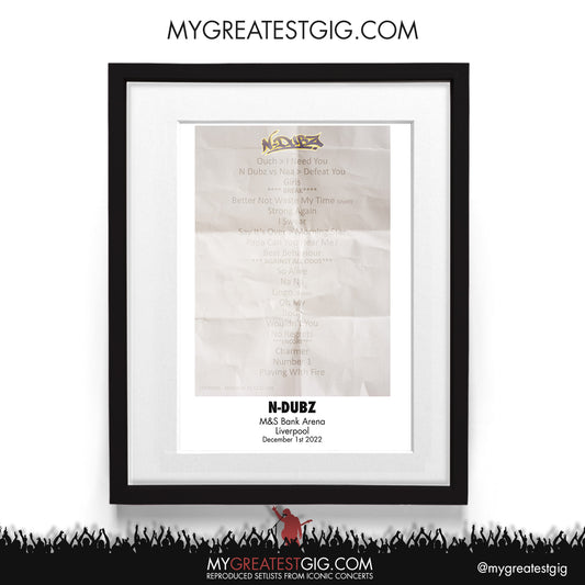 N-Dubz - Liverpool - Dec 1st 2022 Recreated Setlist Poster