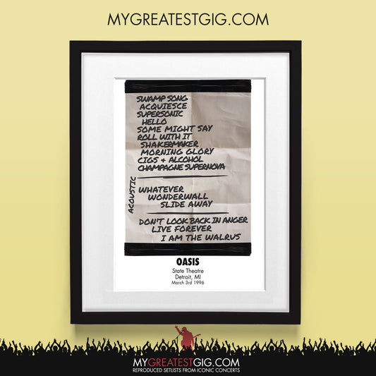 OASIS - Detroit - Mar 3rd 1996 Recreated Set List Poster