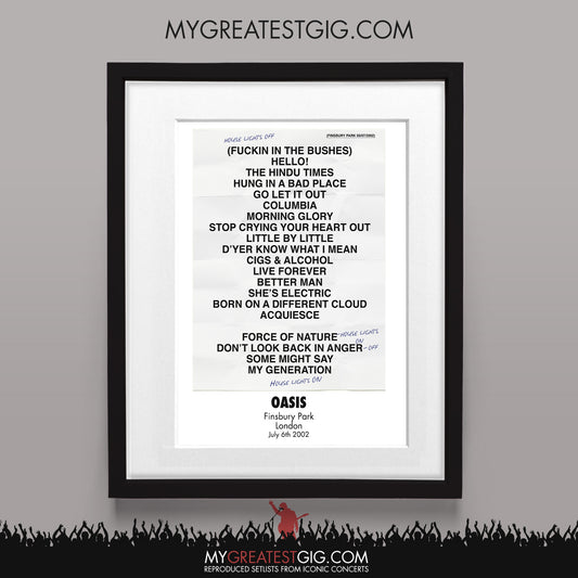 OASIS - London - Jul 6th 2002 Recreated Set List Poster