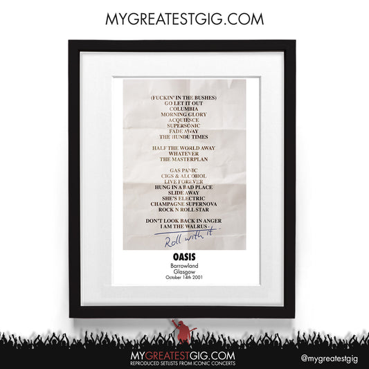 Oasis - Glasgow - Oct 14th 2001 Recreated Setlist Poster