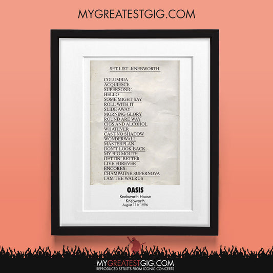 Oasis - Knebworth - Aug 11th 1996 Recreated Set List Poster