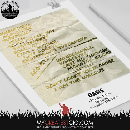 OASIS - Leicester - Nov 17th 1995 Recreated Set List Poster
