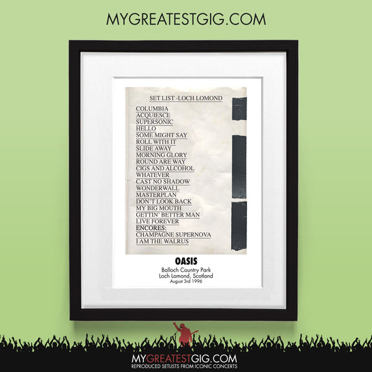 Oasis - Loch Lomond - Aug 3rd 1996 Recreated Set List Poster