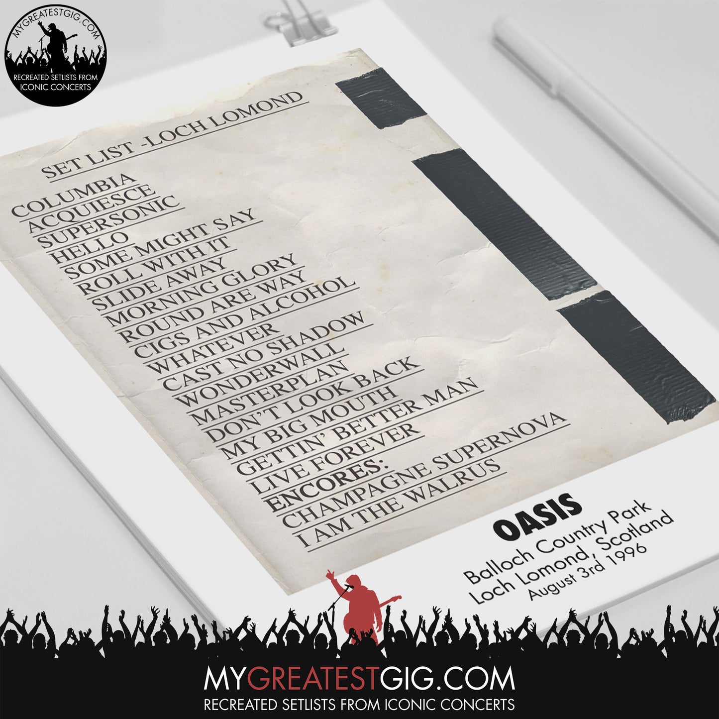 Oasis - Loch Lomond - Aug 3rd 1996 Recreated Set List Poster