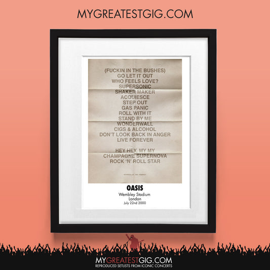 OASIS - London - Jul 22nd 2000 Recreated Set List Poster
